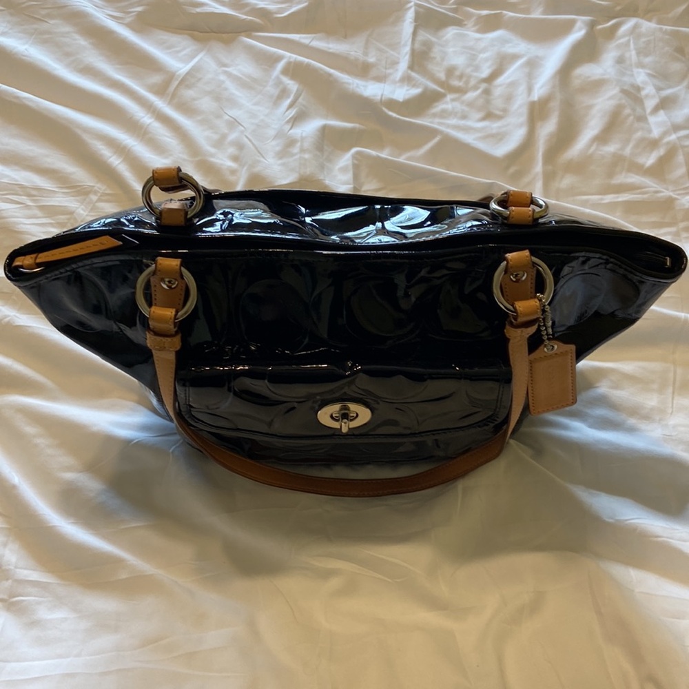 Coach Black Patent Leather Tote Bag Large Signature C Embossed Tan Strap EUC - Picture 7 of 17
